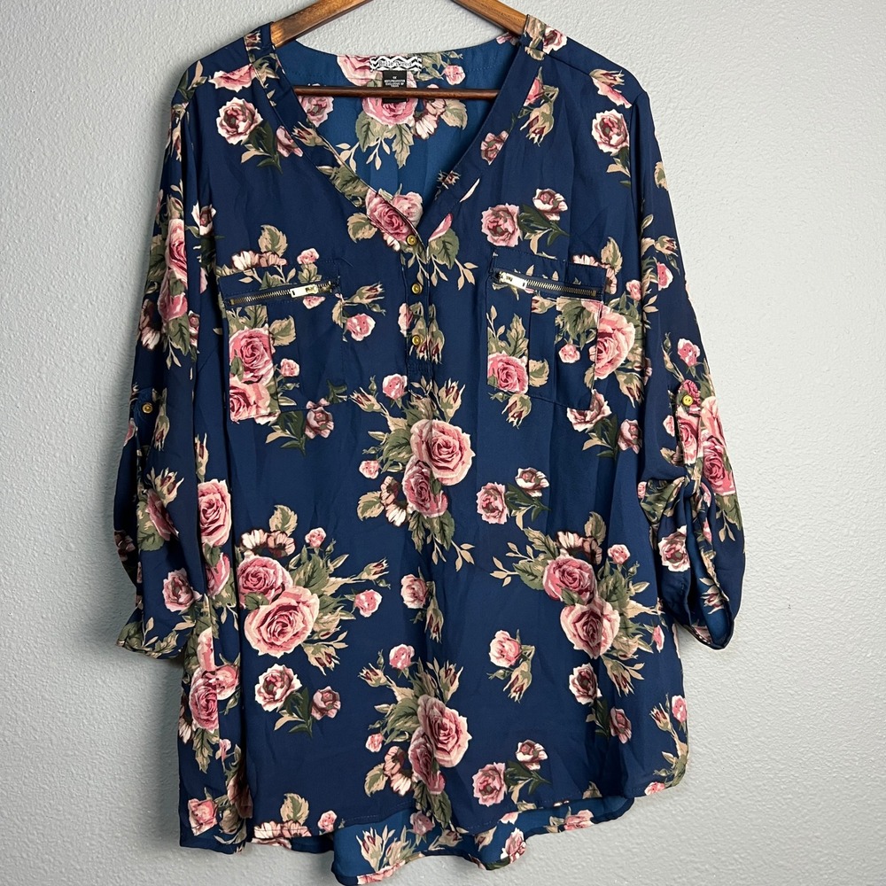 Belle Tweed 1/4 Button Up Floral Print Blouse Top Zipper Pockets 3/4 Sleeve‎ 1X